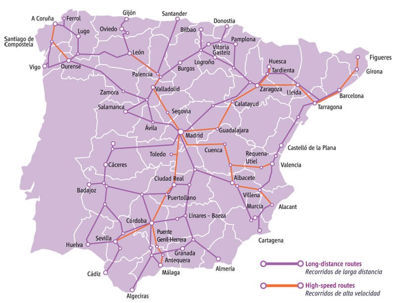 Renfe map of Fast Trains in Spain