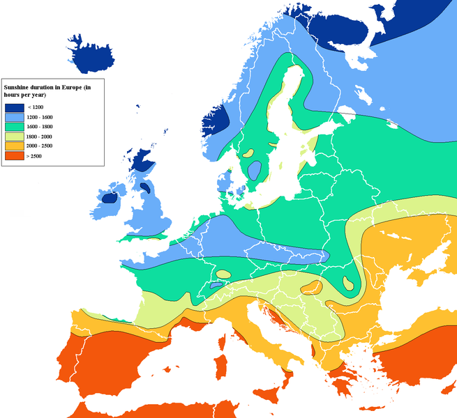 Sunshine map of Europe, in Hours per year