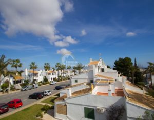 A view of a street with white semi-detached villas and palm trees near Alicante.