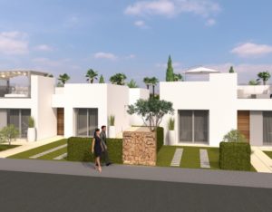 A newbuilding under 200.000€ in Pilar de la Horada, Murcia, 3D rendering of a house in a residential area.
