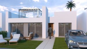A 3D rendering of a new house with a car parked in front, located in Pilar de la Horada, Murcia.