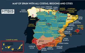 Infographic Map of Spain with all costas, Regions and Cities