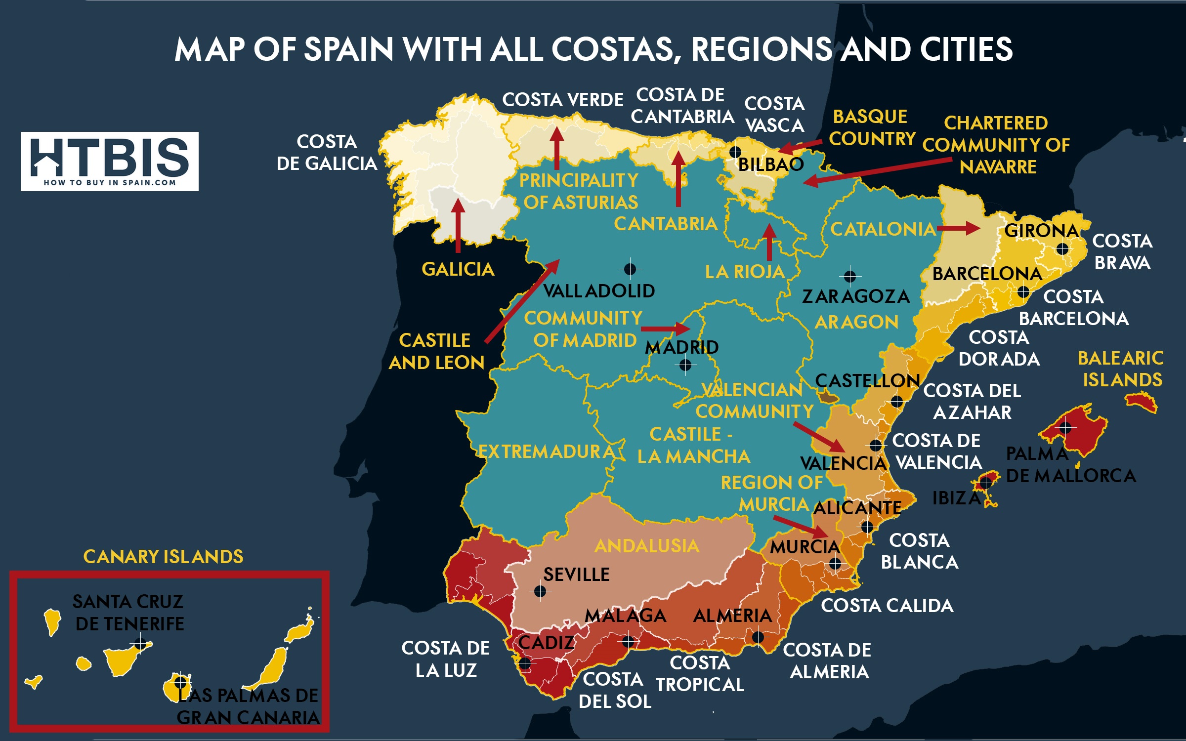 Your Ultimate Map Of Spain With All The Regions The Costas And The   Infographic Map Of Spain With All Costas Regions And Cities 