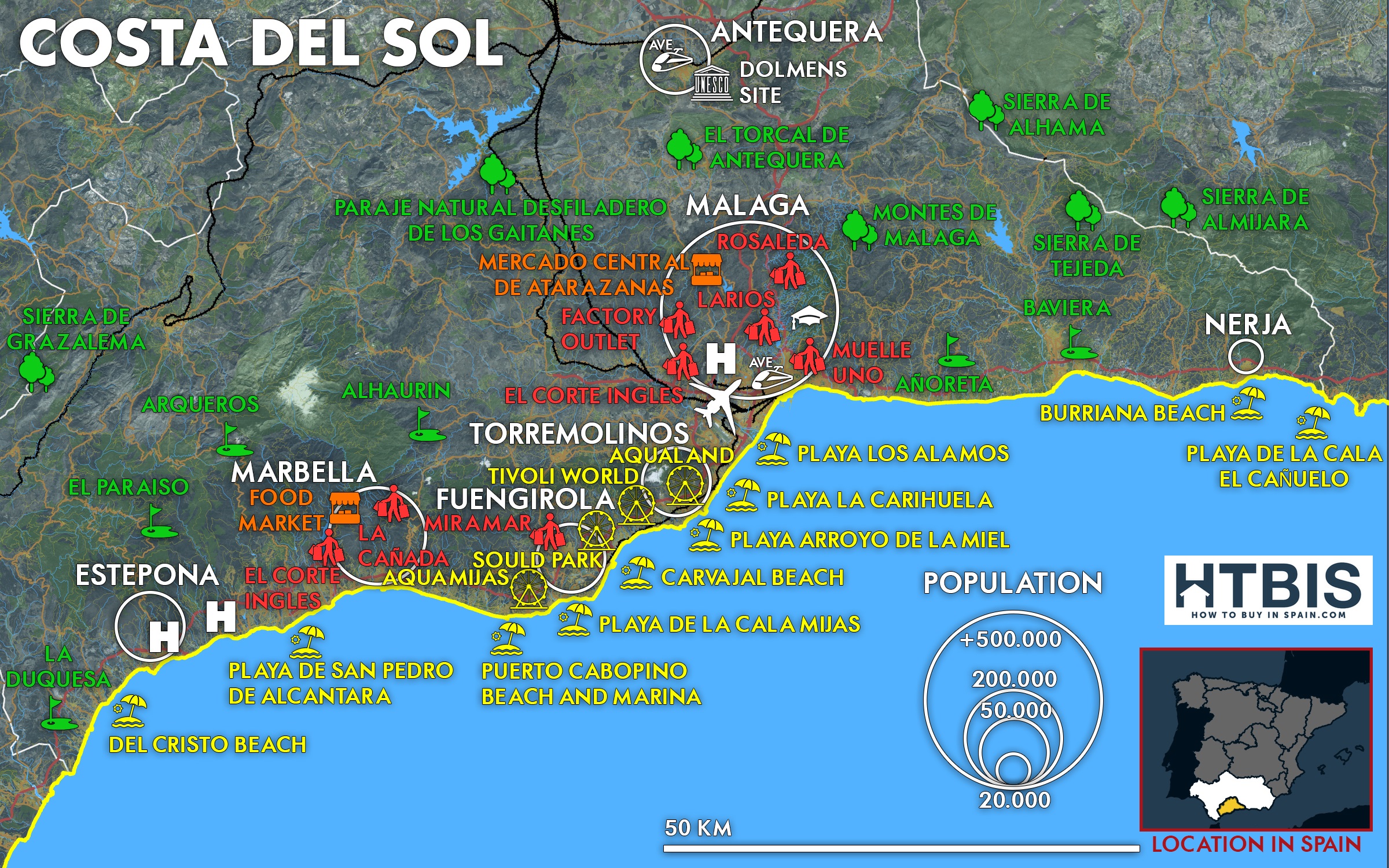 Map with all the useful information on the Costa del Sol