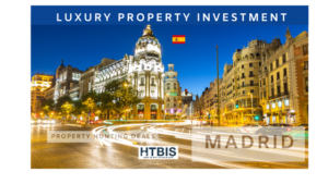 Image of a brightly lit, historic building in Madrid at night with light trails of passing cars. The text reads "Luxury Property Investment" and "Property Hunting Deals in Madrid" with the HTBIS logo. Your premier Madrid property finder for the best investment opportunities.