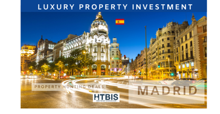 Image of a brightly lit, historic building in Madrid at night with light trails of passing cars. The text reads "Luxury Property Investment" and "Property Hunting Deals in Madrid" with the HTBIS logo. Your premier Madrid property finder for the best investment opportunities.