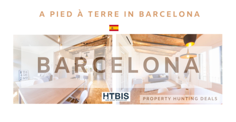 A promotional banner for property hunting deals in Barcelona, featuring images of a modern interior and the text "A Pied à Terre in Barcelona" and "HTBIS Property Hunting Deals" with a Spanish flag—perfect for those interested in Barcelona property investment.