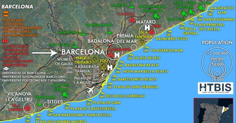A Costa de Barcelona map highlighting the best things to do in the area.