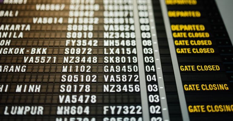 A close up of the departure board at a Spanish airport.