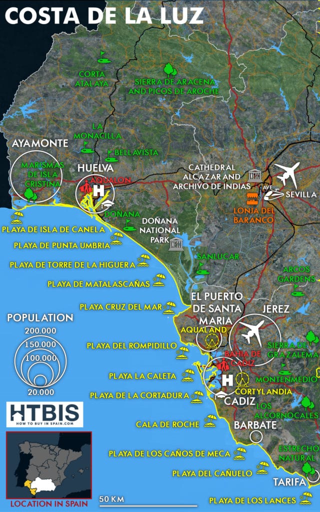 Map with all the must see places of the Costa de la Luz -Infographic