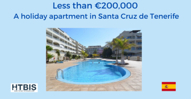 A holiday apartment for sale in Santa Cruz de Tenerife for less than €200,000. The image showcases an outdoor swimming pool surrounded by palm trees and apartment buildings.
