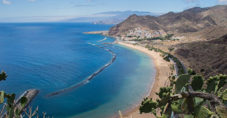 A beachfront property for sale in Tenerife with a stunning view of cactus plants in the background.