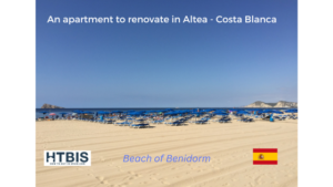 View of Benidorm beach with numerous blue sunbeds and umbrellas on the sand. Text on the image mentions an apartment to renovate in Altea, Costa Blanca. Flags and logos are also visible, hinting at Costa Blanca property for sale opportunities.