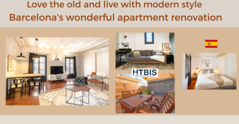 Collage showing a renovated Barcelona apartment with modern and vintage decor. Includes living room, bedroom, dining area, and outdoor terrace with seating. Spain flag and HTBIS logo are present. This stunning Barcelona property investment showcases the charm of an elegant renovation in Spain.