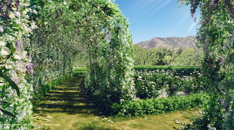 A 3d rendering of a wisteria archway in a garden within a new build Higueron West property in Malaga.