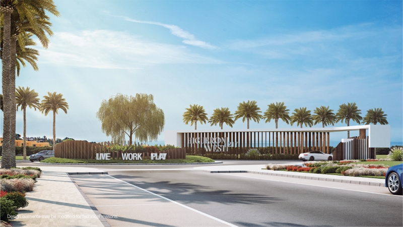 A rendering of the entrance to a new build residential development.
