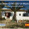 A retirement home in Murcia priced at less than €100,000. The image shows a white house with a tiled roof, palm trees in the front yard, and a Spanish flag at the bottom right corner. This Murcia property investment is perfect for those looking to retire amidst the serene beauty of Mazarron real estate.