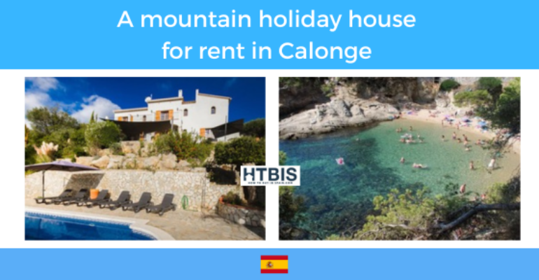 Image showing a mountain holiday house for rent in Calonge. The left side displays the house with a pool; the right side shows a nearby beach, perfect for those seeking a Costa Brava property finder experience.