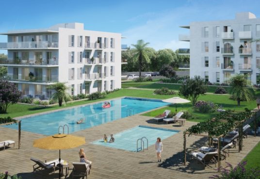 A rendering of a new build apartment complex in Cala d'or with a swimming pool.
