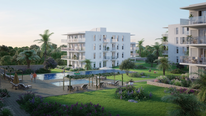 A rendering of a new build apartment complex with a swimming pool in Cala d'or, Mallorca.