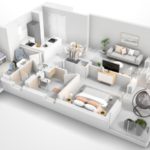 A 3D rendering of a new build apartment floor plan in Cala d'Or.