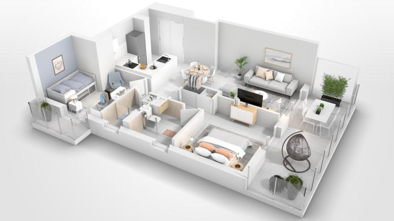 A 3D rendering of a new build apartment floor plan in Cala d'Or.