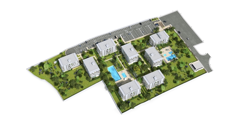 A 3D rendering of a new build apartment complex in Cala d'Or with a swimming pool.