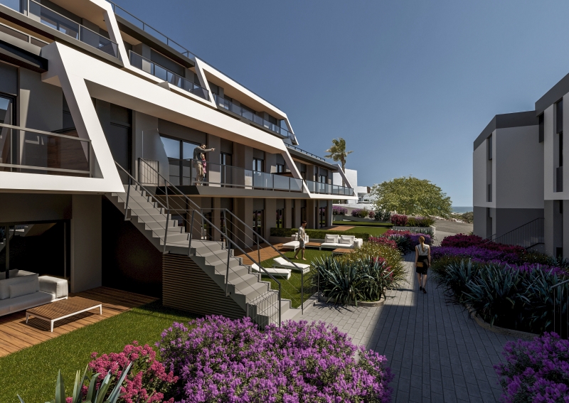 A 3D rendering of a modern apartment complex in Alicante with cheap properties for sale.