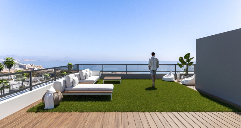 A 3d rendering of a cheap Alicante property for sale with furniture and a view of the ocean.