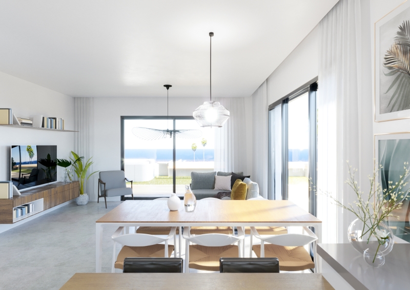 A 3d rendering of a living room with a view of the ocean in Alicante.