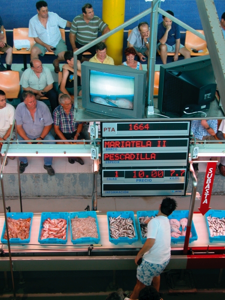 A crowd of people at a fish market in Alicante.