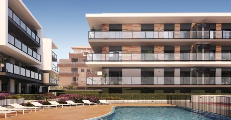 A rendering of a new build apartment complex with a swimming pool for sale in Alicante.