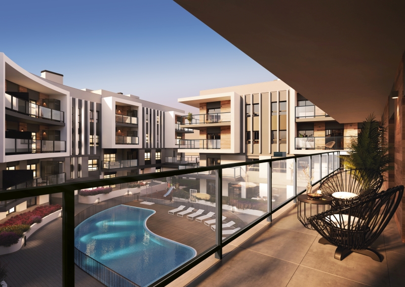 A rendering of a cheap apartment complex in Alicante with a swimming pool.
