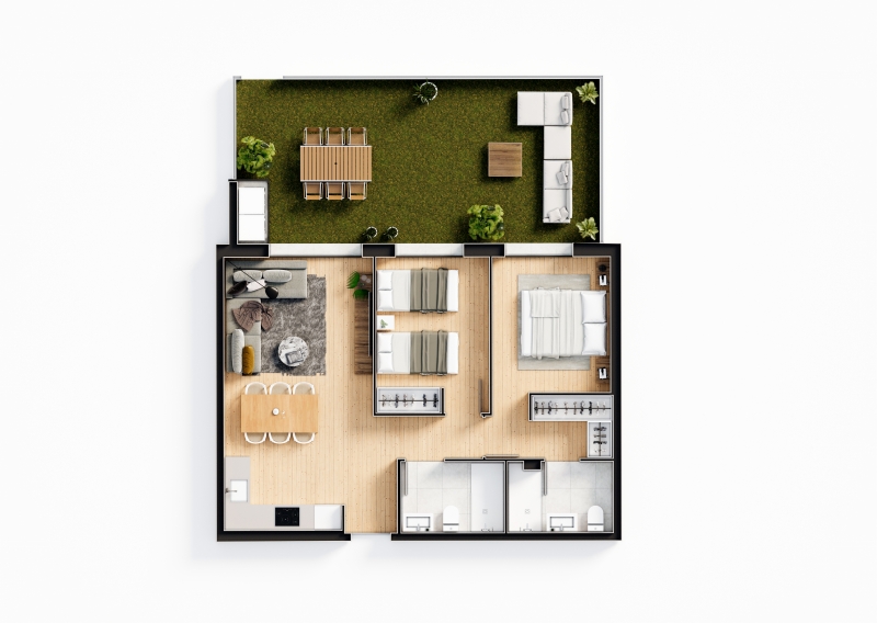 A floor plan of a small Gran Alicante New build apartment on a white background.