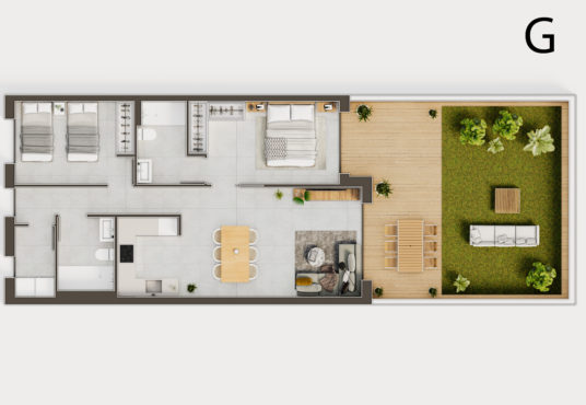A cheap Alicante property for sale – a floor plan of a two bedroom apartment.