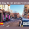 A bustling street in Madrid features commercial and residential buildings, parked cars, and people walking. A sign on a car reads "HTBIS." Text on the image states, "A Madrid buy-to-let property investment." This is a prime opportunity for those interested in Madrid real estate investment.