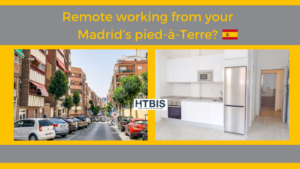 A street view of Madrid with parked cars on the left, and a modern kitchen with white cabinetry and appliances on the right. Text reads "Remote working property in Madrid?" with the Spanish flag.