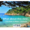 View of a beach with clear blue water, surrounded by rocky cliffs and green trees. Text overlay says, "What about this view... It is close to Begur, Catalunia—a dream for any real estate shopper Costa Brava." HTBIS logo at the bottom.
