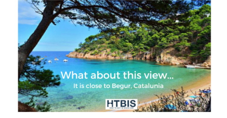 View of a beach with clear blue water, surrounded by rocky cliffs and green trees. Text overlay says, "What about this view... It is close to Begur, Catalunia—a dream for any real estate shopper Costa Brava." HTBIS logo at the bottom.
