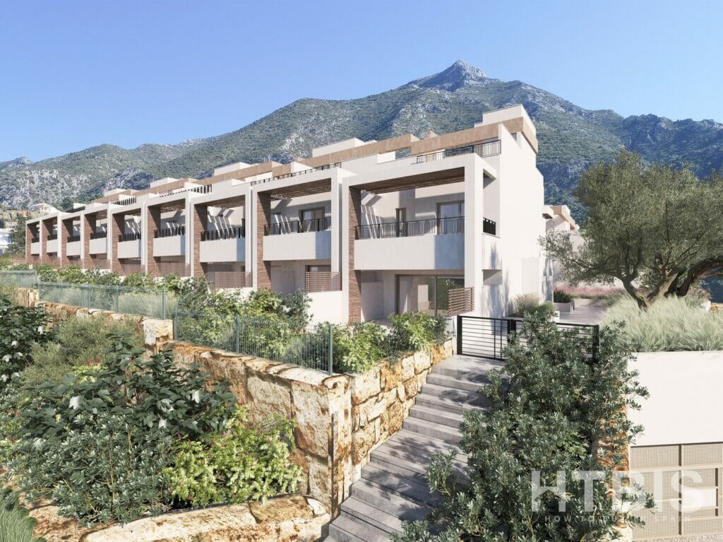A 3d rendering of a penthouse apartment complex in Malaga with mountains in the background.