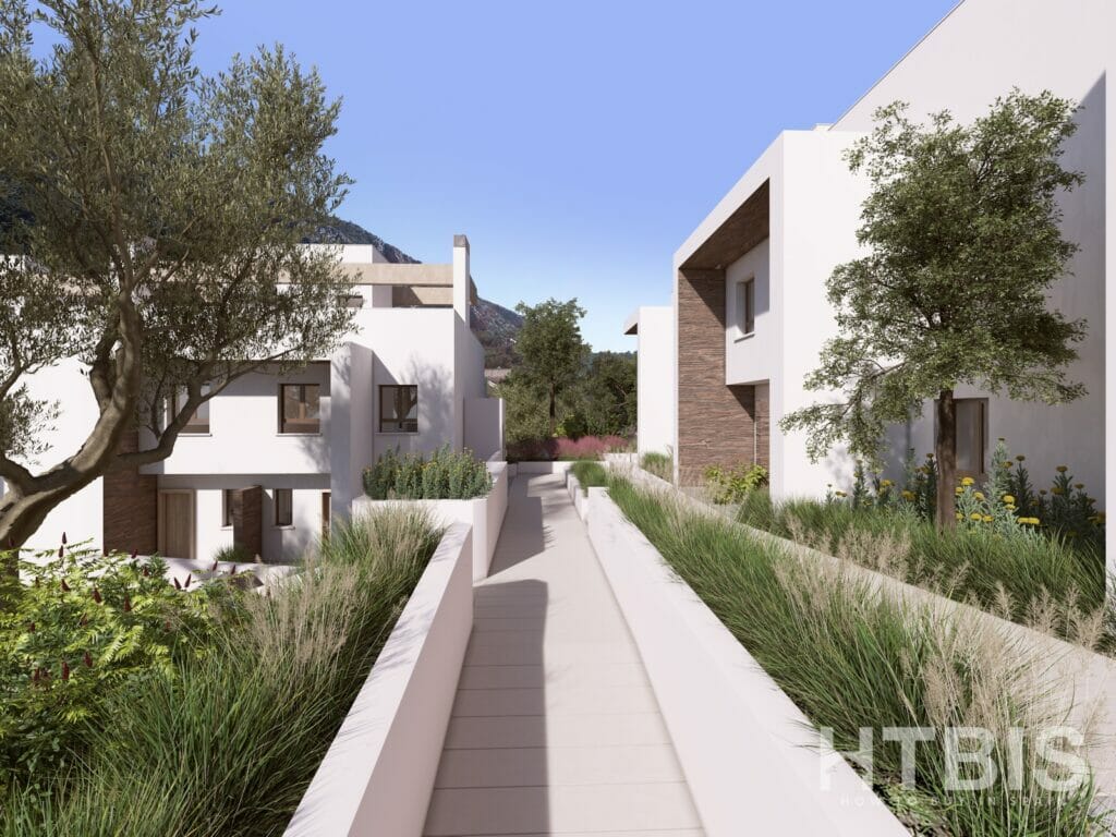 A 3D rendering of a penthouse apartment complex in Malaga with trees and plants.
