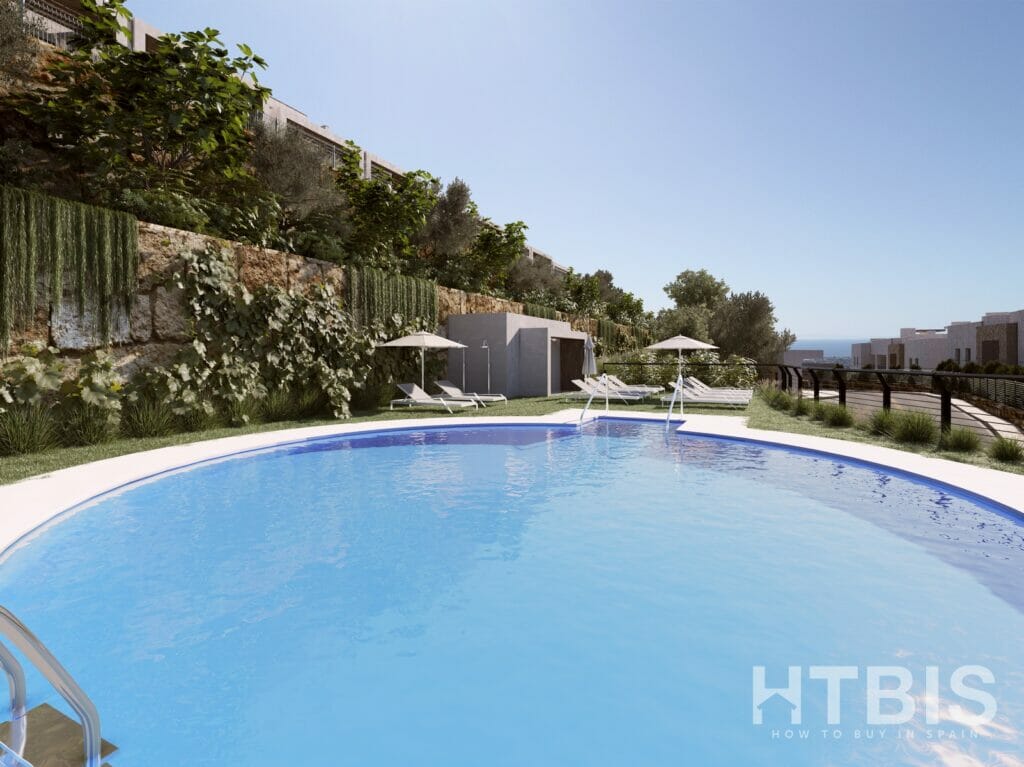 A 3D rendering of a penthouse in Malaga with a swimming pool.