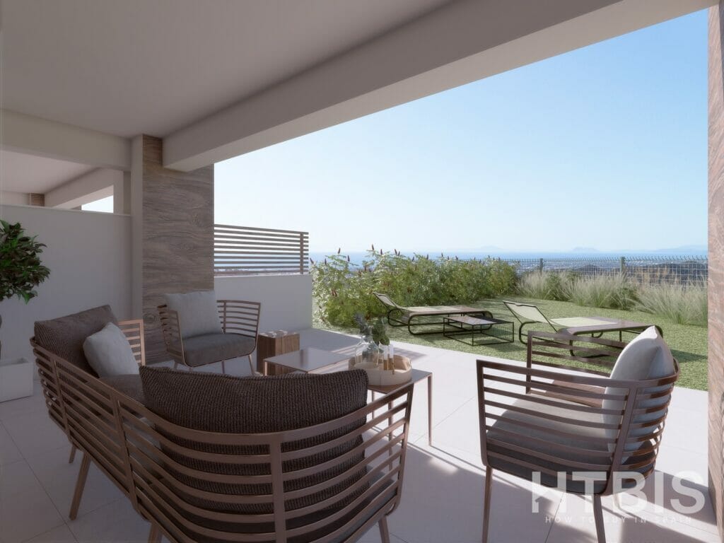 A 3D rendering of a penthouse patio in Malaga with furniture and a view.