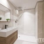 A modern bathroom in a penthouse in Malaga with white walls and wooden floors.