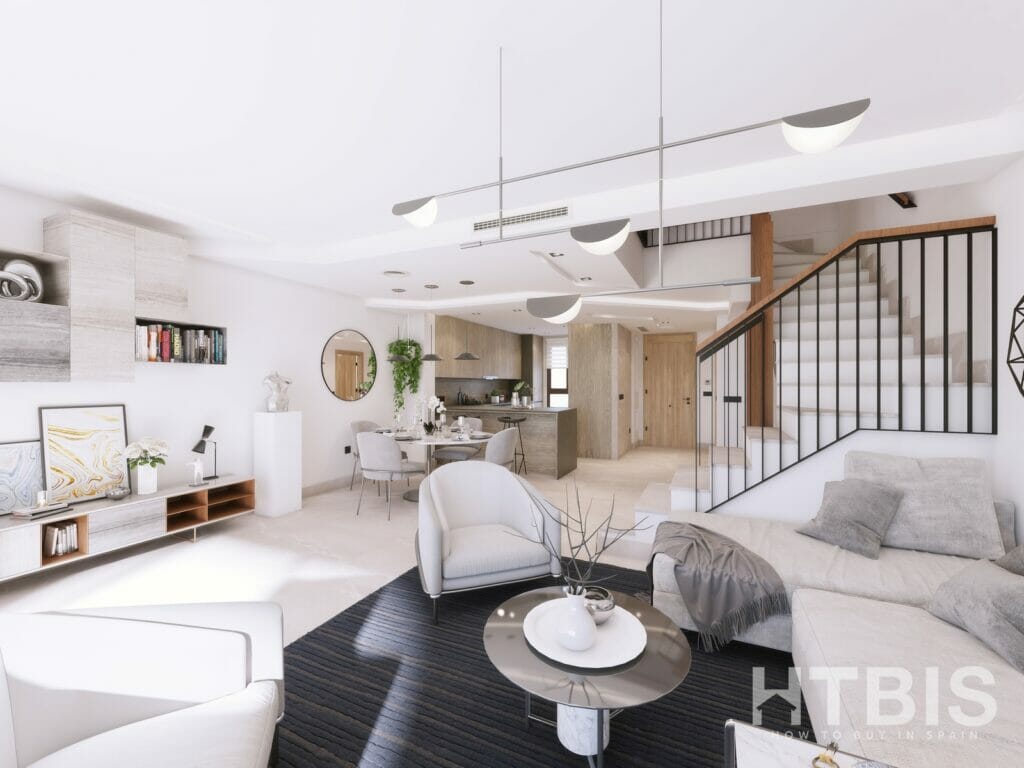 A 3d rendering of a modern penthouse living room in Malaga.