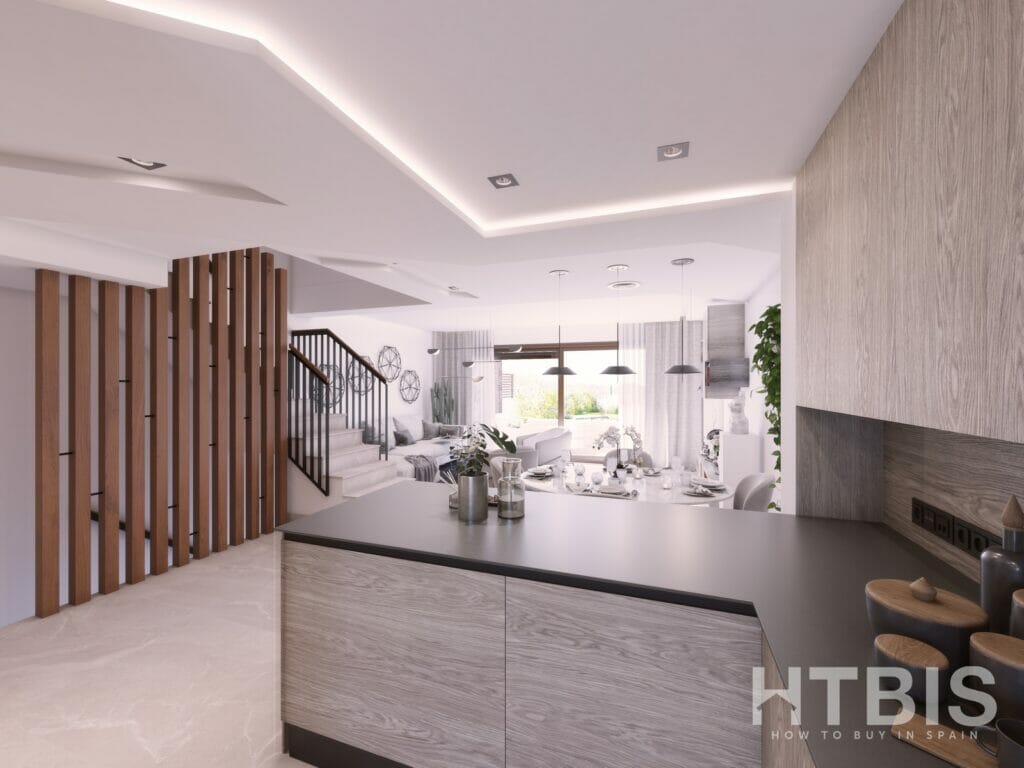 A 3D rendering of a modern kitchen in a penthouse in Malaga.