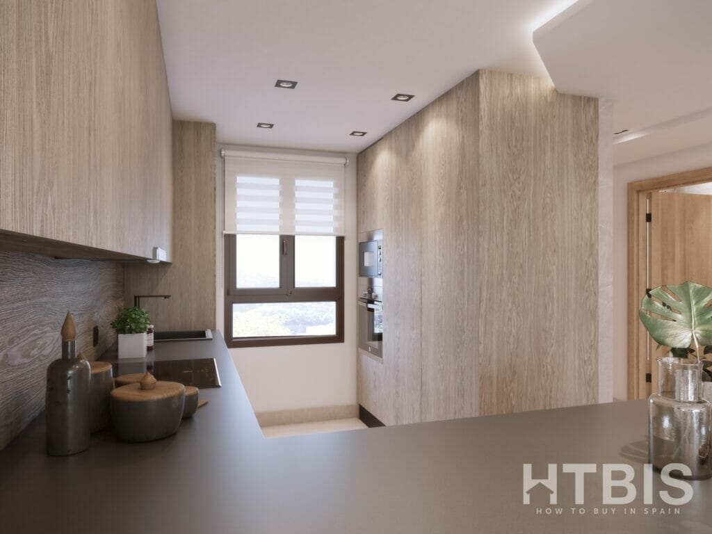 A 3d rendering of a kitchen in a penthouse in Malaga with wooden cabinets.