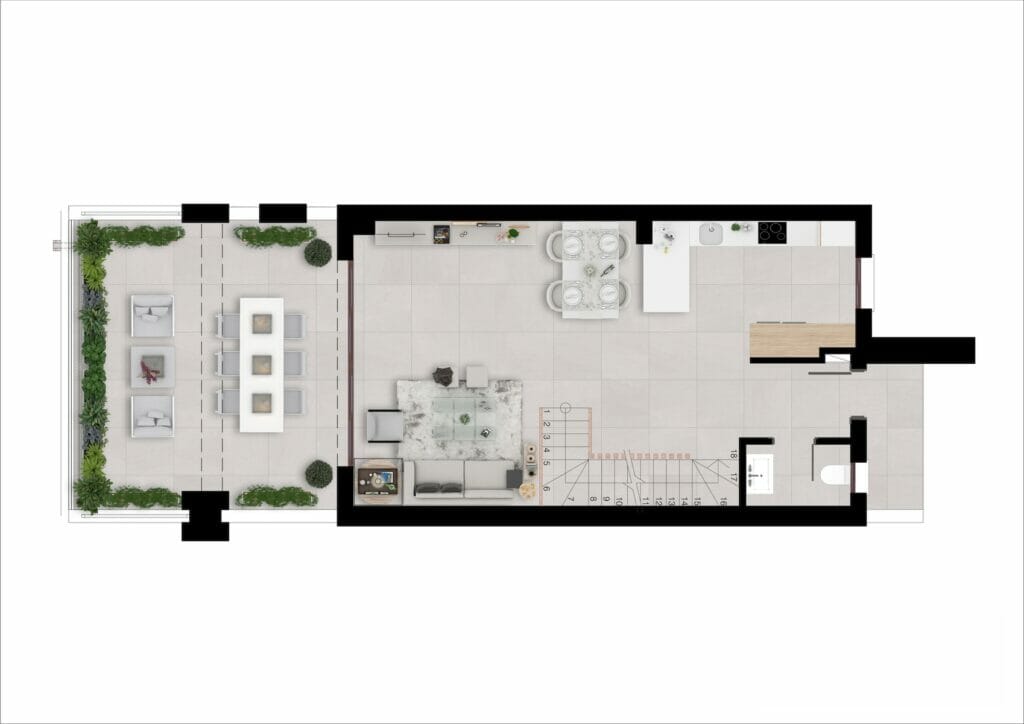 A floor plan of a penthouse with two bedrooms in Malaga.