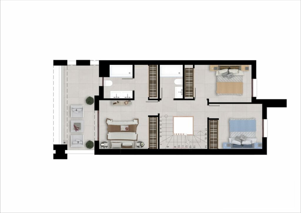 A floor plan of a penthouse apartment in Malaga with two bedrooms.