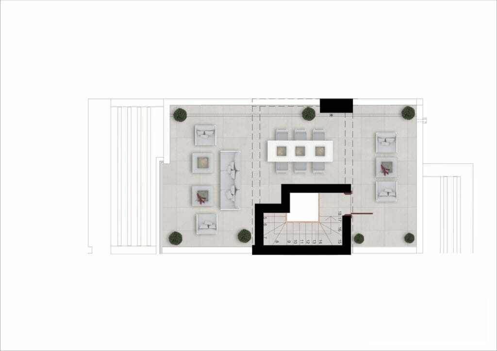 A floor plan of a penthouse in Malaga with a living room and dining room.